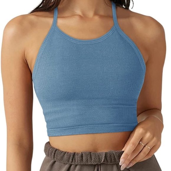 Blue Halter Ribbed Racerback Sports Bra